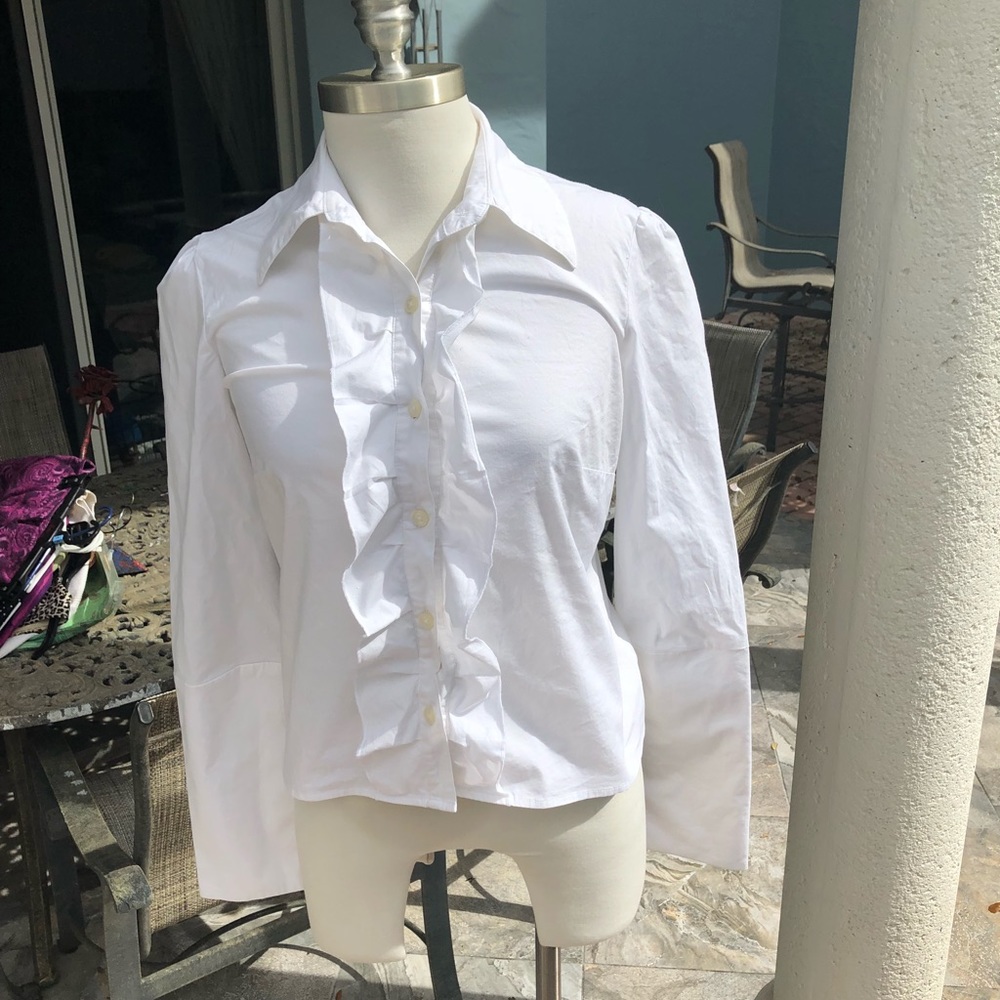 BCBG White Ruffle Front Button-Down Shirt